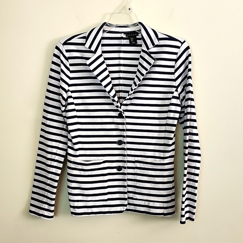 Tahari navy blue white stripe 3 button knit blazer coastal nautical womens small
